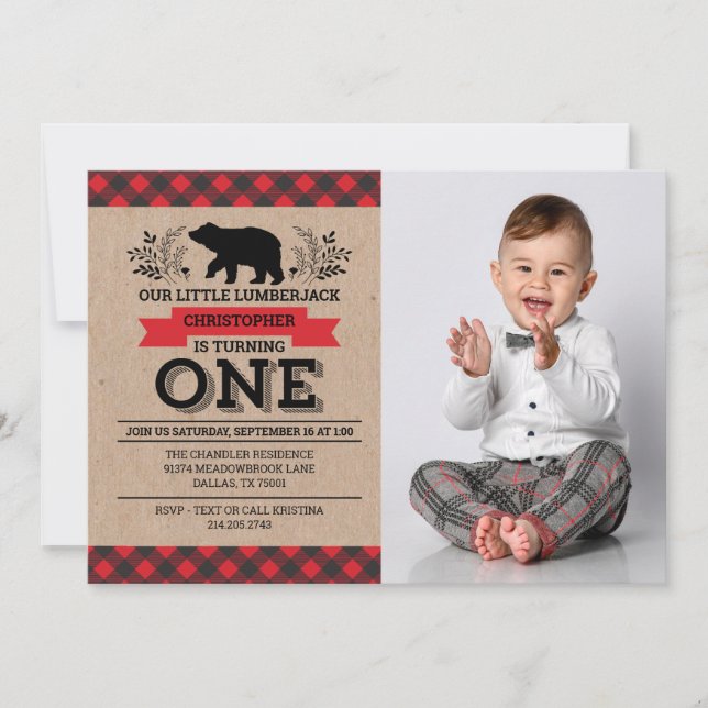 Photo Lumberjack 1er Anniversaire Fête Invitation (Devant)