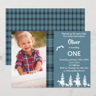 Photo lumberjack 1st birthday party blue boy invitation