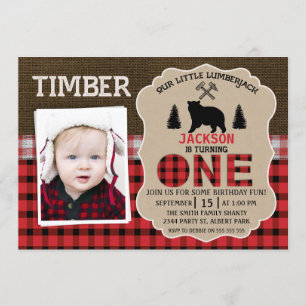 Photo Lumberjack  Burlap 1st Birthday Invitation