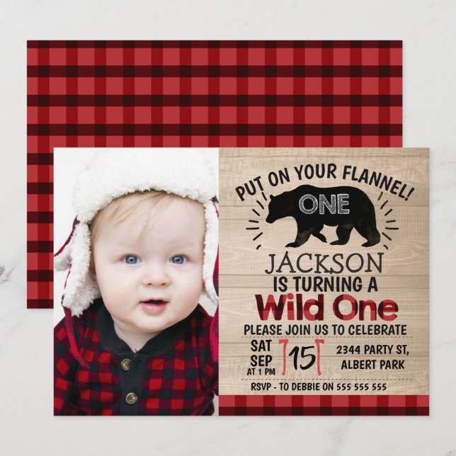Photo Lumberjack Wood 1er Birthday Invitation (Devant / Derrière)
