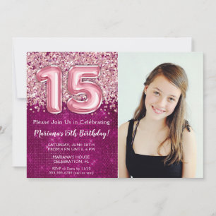Photo Magenta Pink Glitter 15th Birthday Party Invitation