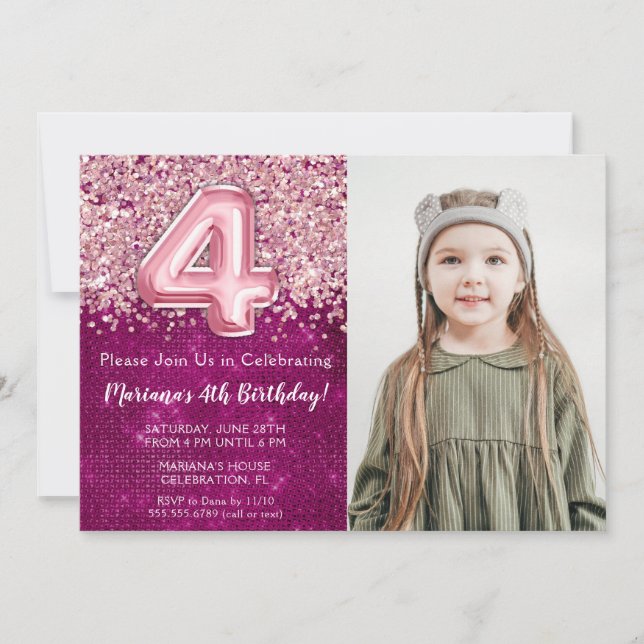 Photo Magenta Pink Glitter 4th Birthday Invitation (Front)