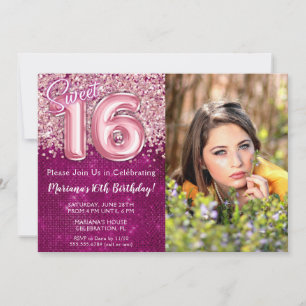 Photo Magenta Pink Sweet 16th Birthday Party Invitation