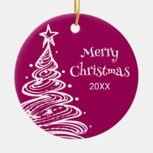 Photo Magenta Pink White Christmas Tree Gift Ceramic Ornament