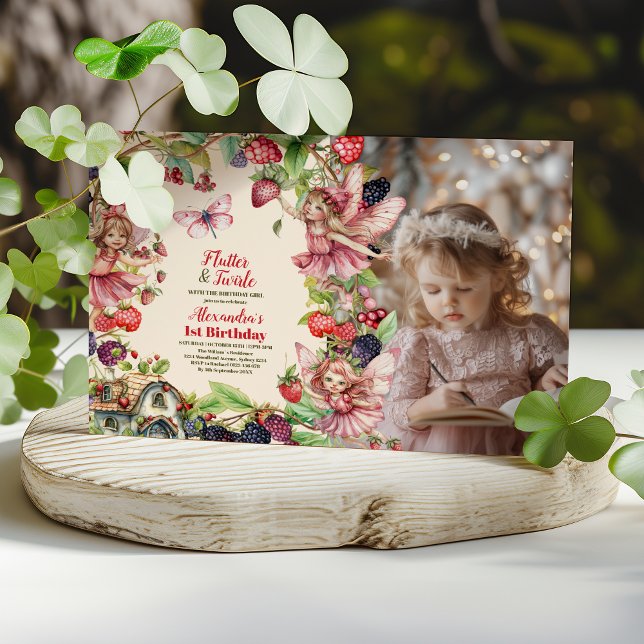 Photo Magical Fairy Strawberry Garden 1st Birthday Invitation (Creator Uploaded)