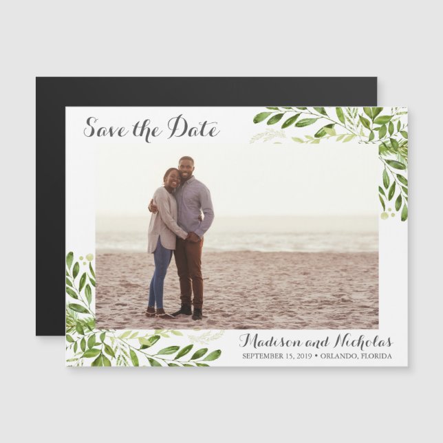Photo Magnet Réservez la date Rustic Green Leaf (Devant / Derrière)
