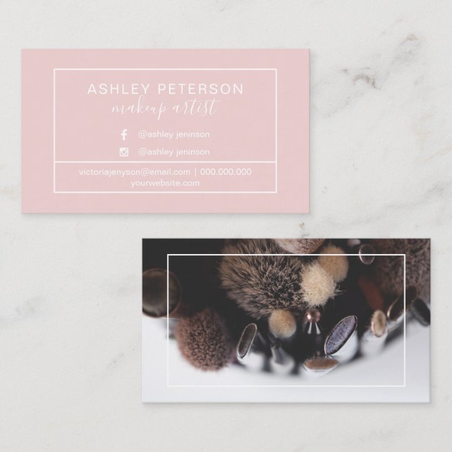 Photo makeup artist frame typography pink business card (Front/Back)