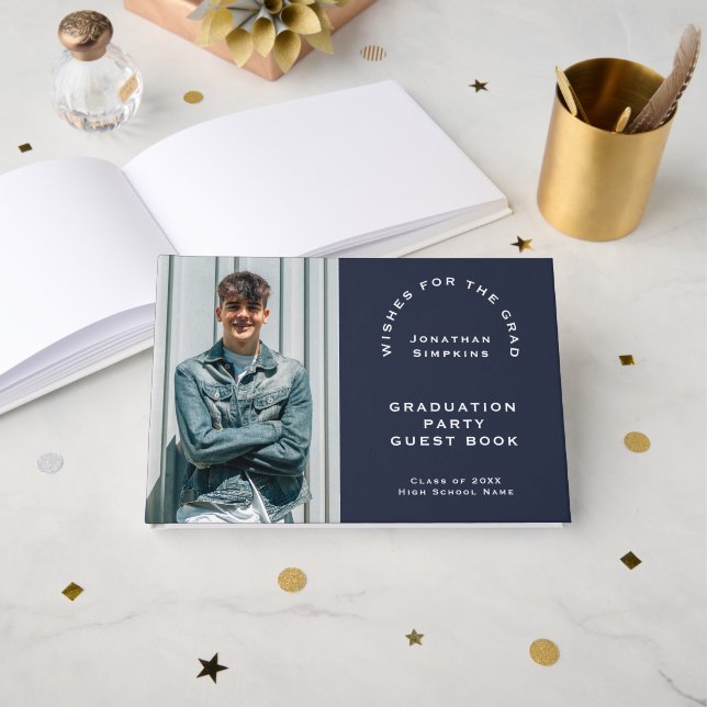Photo Male Graduation 2025 Party Navy Guest Book (Front Open)