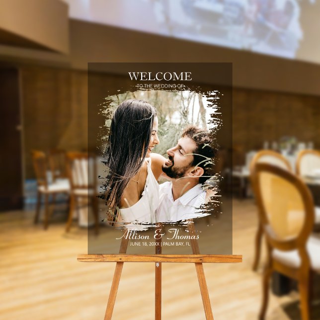 Photo Mariage moderne Splatz Welcome Noir (Make a dazzling entrance and warmly greet guests with our captivating photo acrylic wedding sign!)