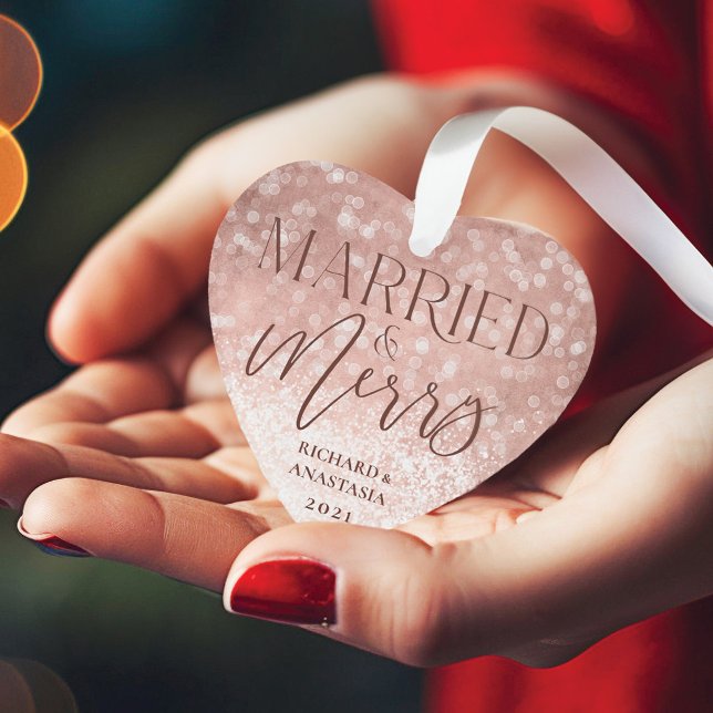 Photo Marié & Joyeux Rose Gold Twinklights (Married & Merry Rose Gold Twinkling Lights Photo Ornament)