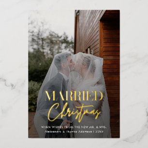 Photo Married Christmas Newlyweds Red Plaid Foil Holiday Card
