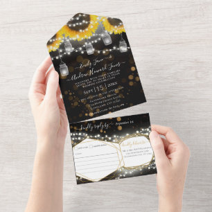 Photo Mason Jar Sunflower Black & Gold Wedding All In One Invitation