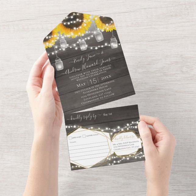 Photo Mason Jar Sunflower Geometric Gold Frame All All In One Invitation (Tearaway)