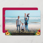 Photo Mele Kalikimaka Christmas Cards<br><div class="desc">Mele Kalikimaka Christmas Photo Holiday Cards. This modern simple holiday card design features a red hand lettered typography greeting „Mele Kalikimaka” script with burgundy red yellow hibiscus floral arrangement. At the backing burgundy colour background. You can personalize the design by replacing the sample text and horizontal photo. #3352 If You...</div>