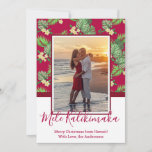 Photo Mele Kalikimaka Christmas Cards<br><div class="desc">Mele Kalikimaka Christmas Photo Holiday Cards. This modern simple holiday card design features a burgundy red hand lettered typography greeting „Mele Kalikimaka” with yellow green tropical floral and leaf pattern on burgundy background. At the backing burgundy colour background. You can personalize the design by replacing the sample text and horizontal...</div>