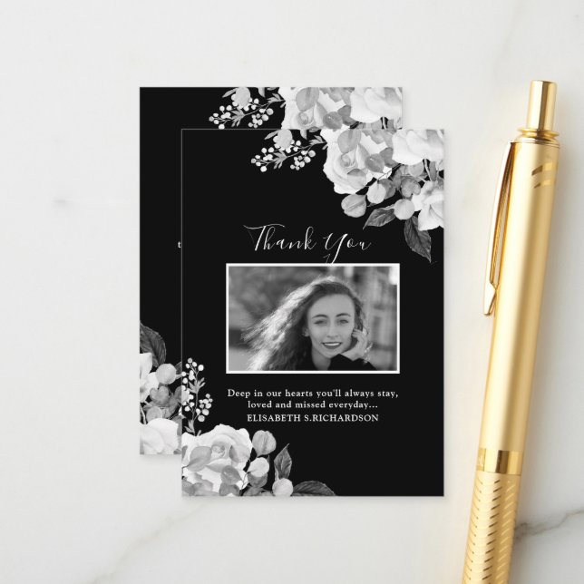 Photo Memorial Floral Black White Thank You Card (Front/Back In Situ)