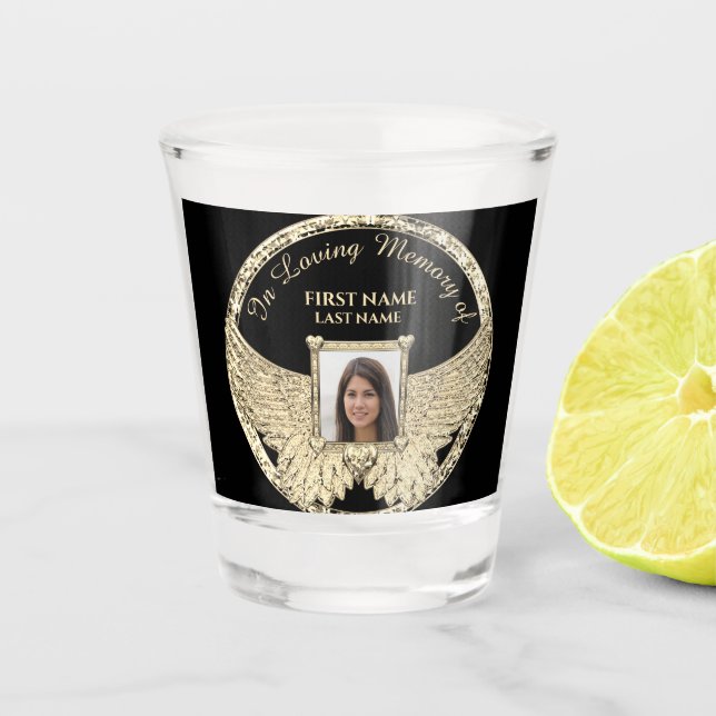 Photo Memorial Gold Angel Wings Shot Glass (Front)