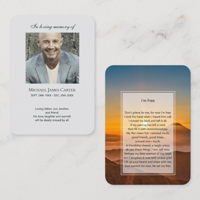 Photo memorial I'm Free prayer card (Front/Back)