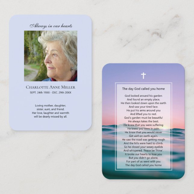 Photo memorial pastel ocean prayer card (Front/Back)