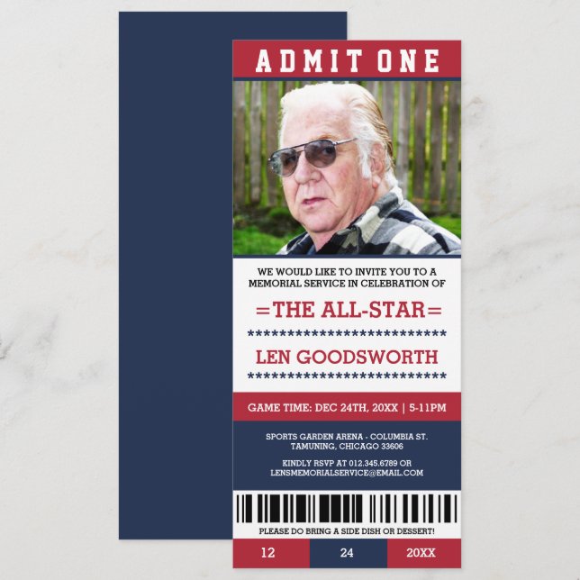 Photo Memorial Service Ticket Invitations (Front/Back)