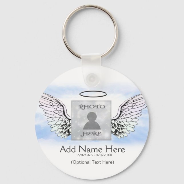 Photo Memorial with Angel Wings and Clouds Keychain (Front)