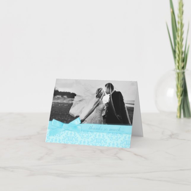 Photo merci mariage damassé carte bleu pâle (Devant)