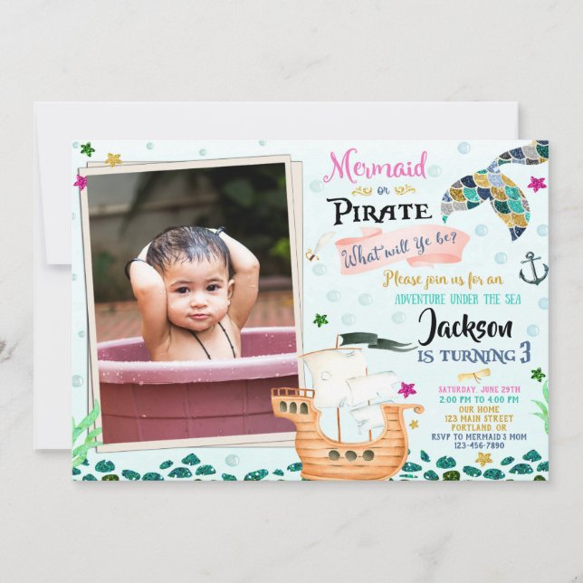 Photo Mermaid and Pirate birthday invitation (Front)