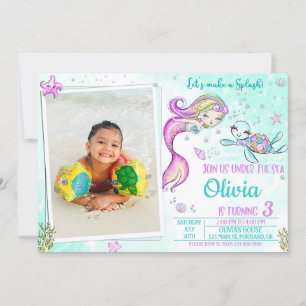 Photo Mermaid and turtle birthday invitation Party