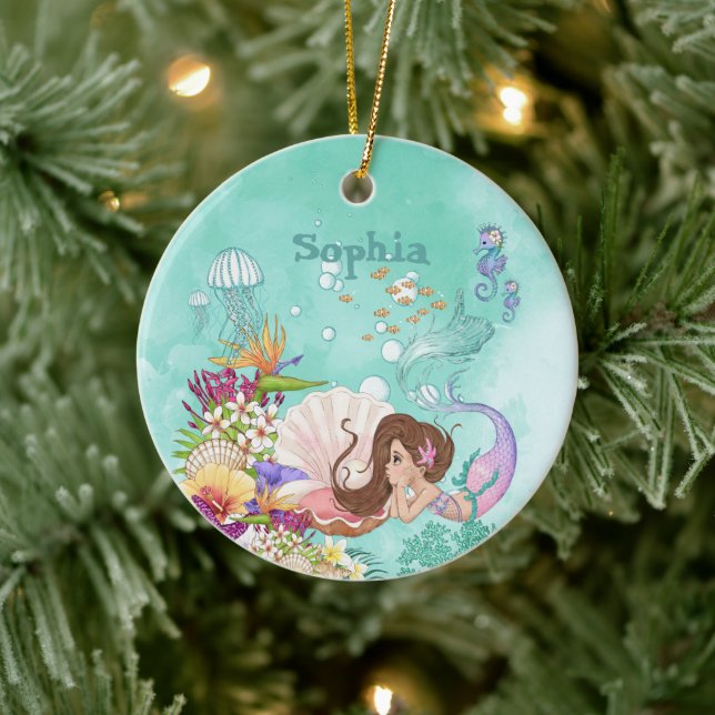 Photo Mermaid Dark Hair Pink Blue Cute Ceramic Ornament (Tree)