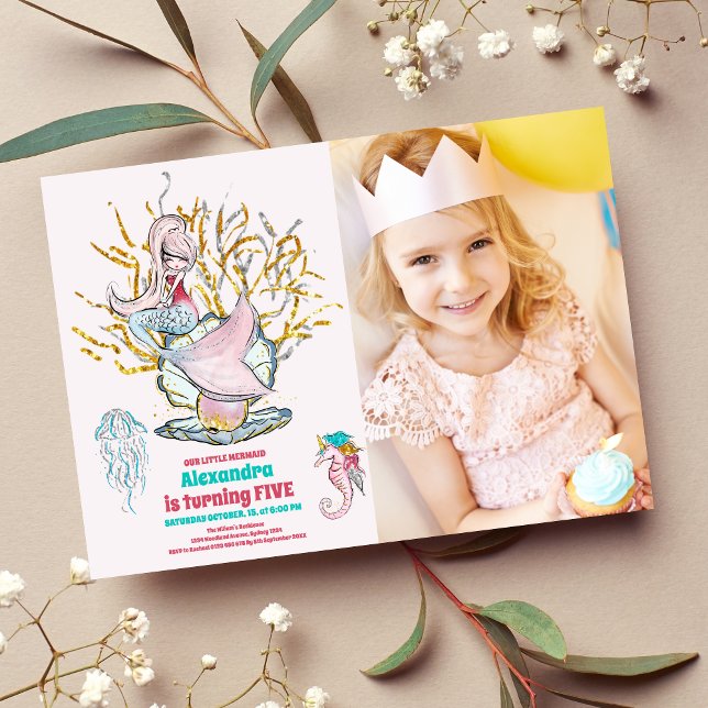 Photo Mermaid Gold Glitter Birthday Party Invitation (Creator Uploaded)