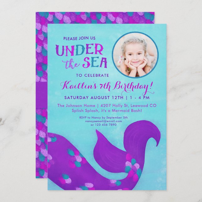 Photo Mermaid Invitations d'anniversaire "Sous la  (Devant / Derrière)