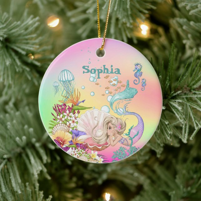 Photo Mermaid Pink Blue Cute Rainbow Ceramic Ornament (Tree)