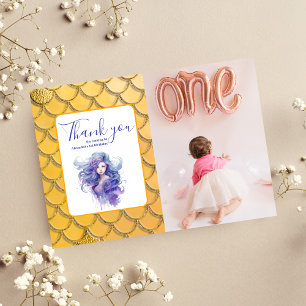 Photo Mermaid Under the Sea Gold Glitter Birthday  Thank You Card