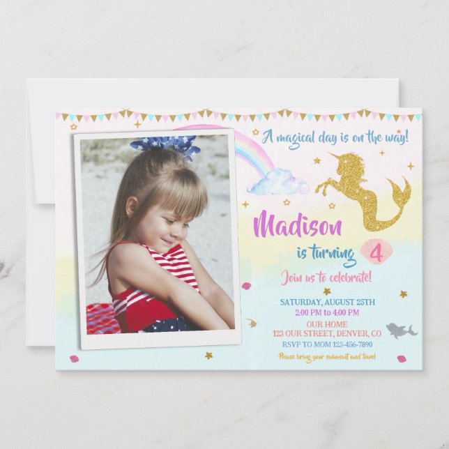 Photo mermicorn anniversaire invitation Fête magiq (Devant)