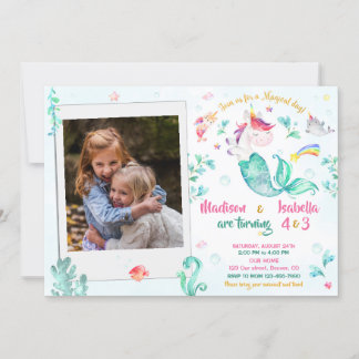 Photo mermicorn birthday invitation for two Girls
