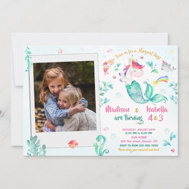 Photo mermicorn invitation anniversaire pour deux  (Devant)