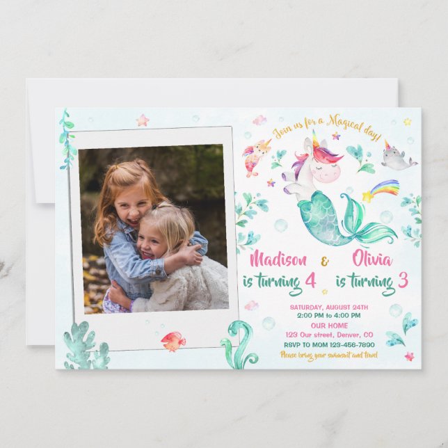 Photo mermicorn invitation anniversaire pour deux  (Devant)