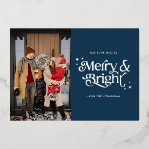 Photo Merry and Bright Blue Silver Christmas Foil Holiday Card