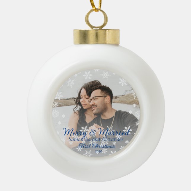 Photo Merry and Married First Christmas Snowflake Ceramic Ball Christmas Ornament (Front)