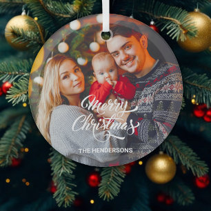 Photo Merry Christmas Glass Ornament