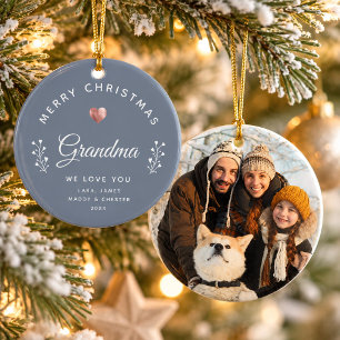 Photo Merry Christmas Grandma Rose Gold Dusty Blue Ceramic Ornament
