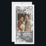 Photo - Merry Christmas - Grey Snowflakes Holiday Card<br><div class="desc">Customize this with 1 vertical / portrait photo,  your family name,  and the current year.</div>
