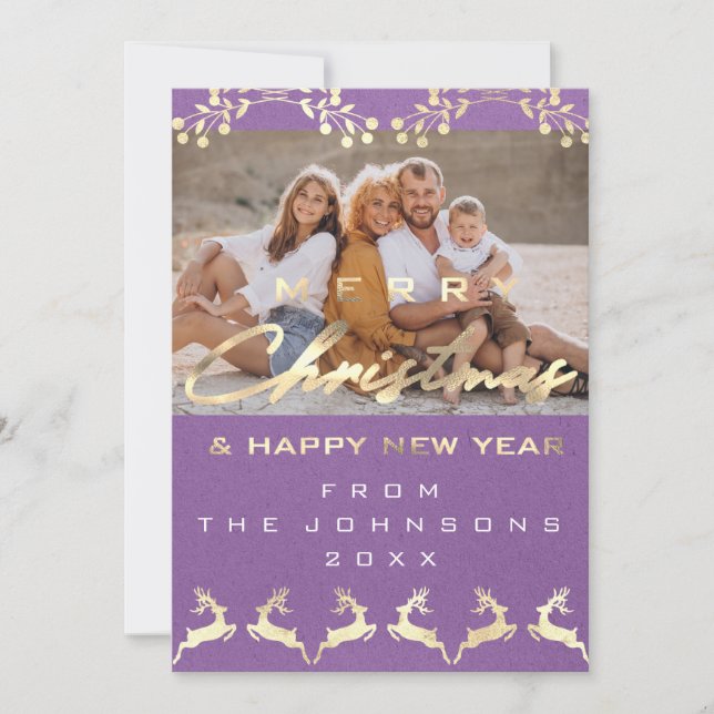 Photo Merry Christmas Happy Kraft Gold Purple Holiday Card (Front)