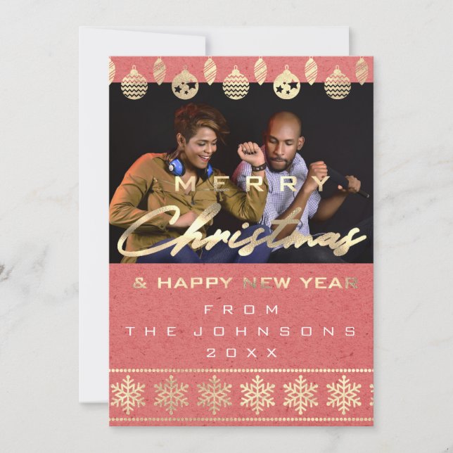 Photo Merry Christmas Happy New Year Coral Holiday Card (Front)