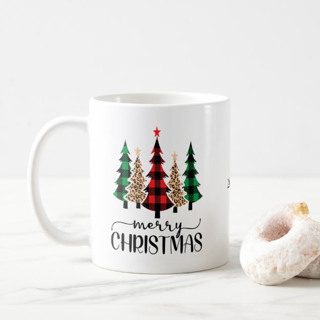 Photo Merry Christmas Red Green Plaid Trees  Coffee Mug (With Donut)