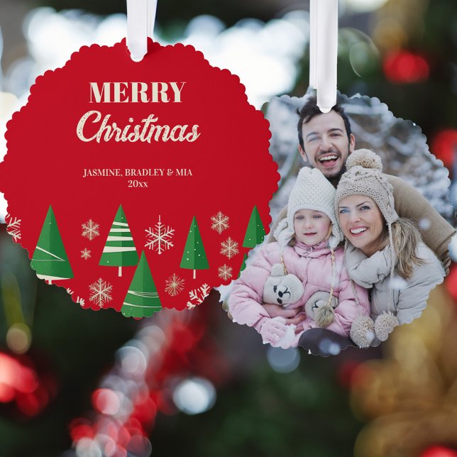 Photo Merry Christmas red green retro trees Ornament Card (Photo Merry Christmas red green retro trees Ornament greeting Card modern photo Christmas greetings)