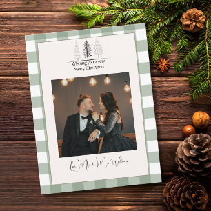Photo Merry Christmas Simple Green Plaid Elegant Holiday Postcard