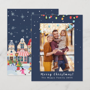Photo Merry Christmas Snow Whimsy Blue Holiday Card