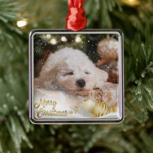 Photo Merry Christmas Snowflakes Gold Metal Ornament