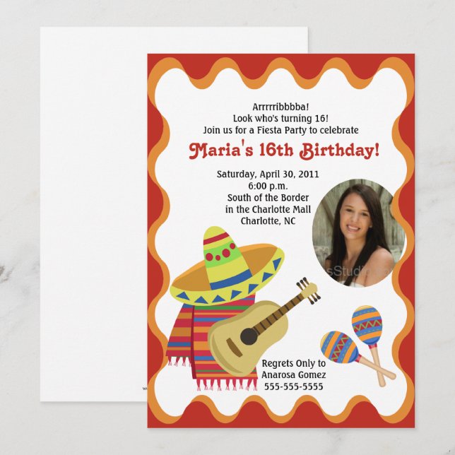 PHOTO MEXICAINE FIESTA INVITATIONS D'ANNIVERSAIRE (Devant / Derrière)